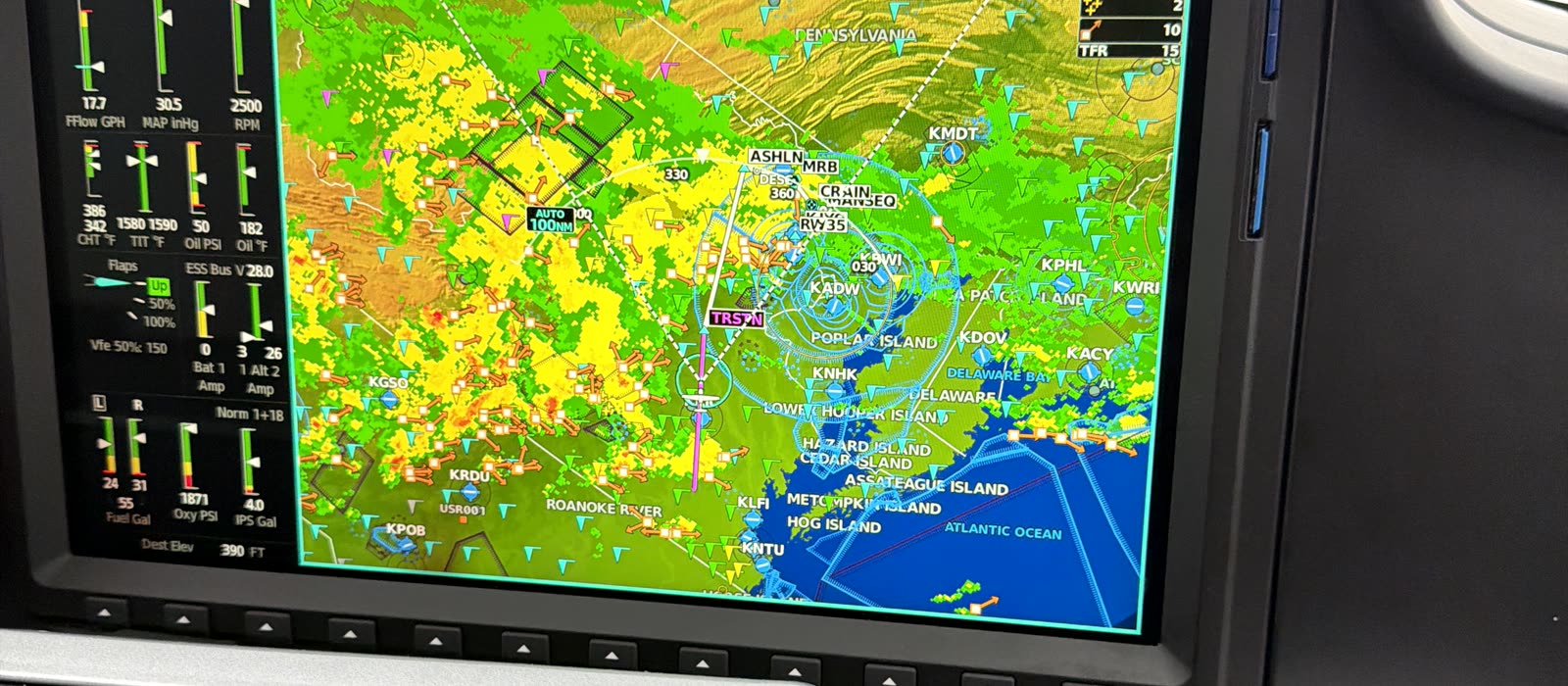 Garmin Perspective navigation display showing datalink weather